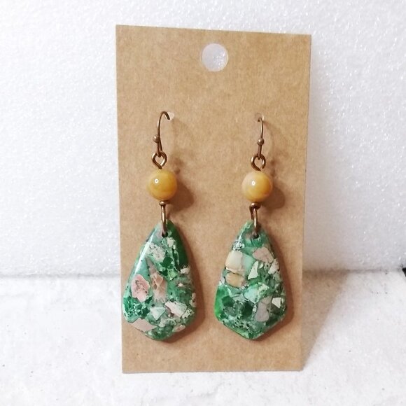 Minimalist Style! Unique Green Sea Sediment Jasper & Yellow Aventurine Earrings - Picture 3 of 5